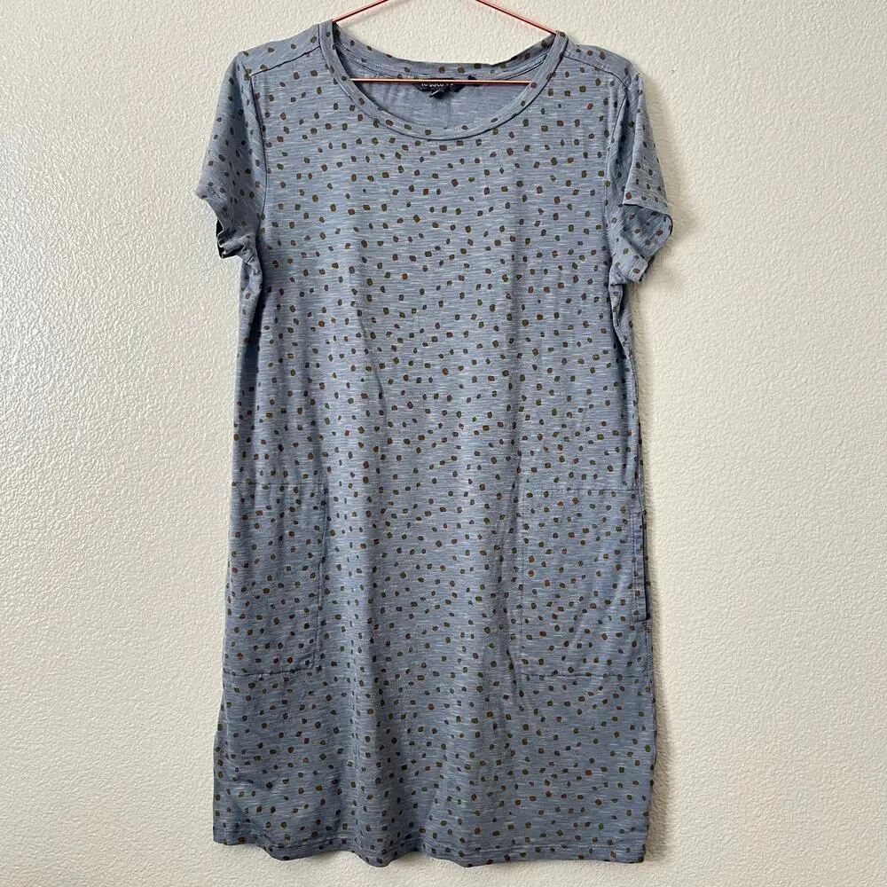 Toad & Co Windemere II Dress Short Sleeve Blue Gold Spots print pocket